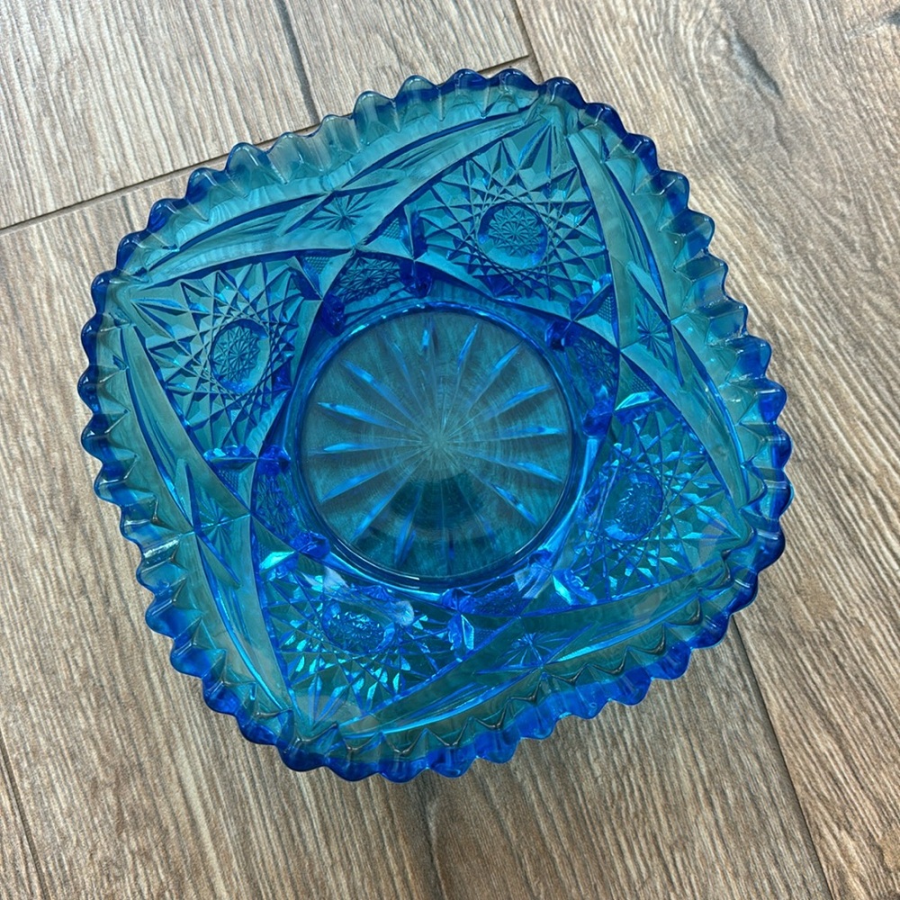 Vintage Fayette Glass Pressed Turquoise Saw Tooth Starburst Candy Dish - Picture 4 of 9